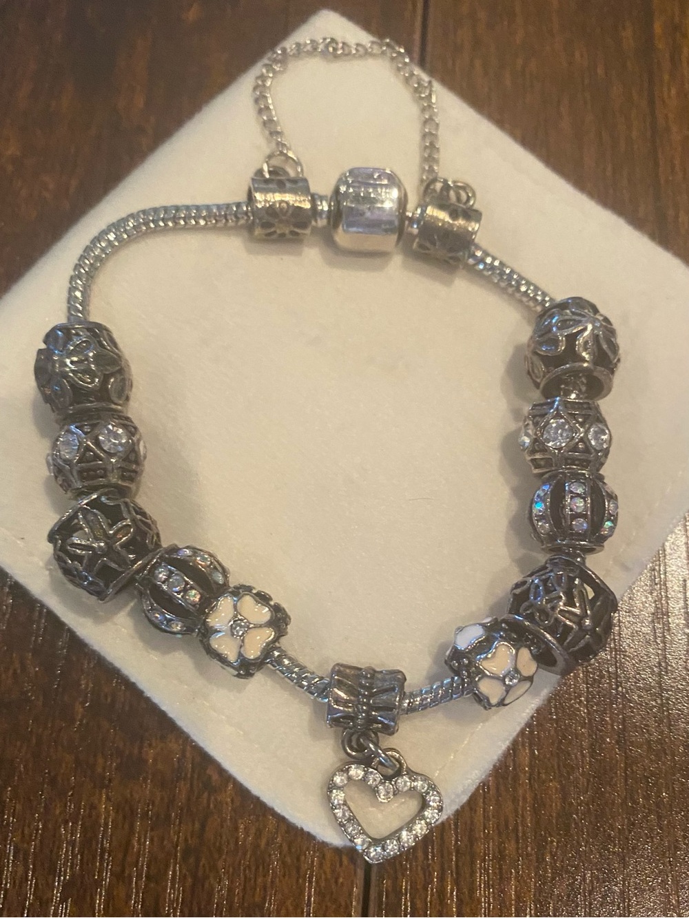 Silver Heart Charm Bracelet with White Enamel floral Accents